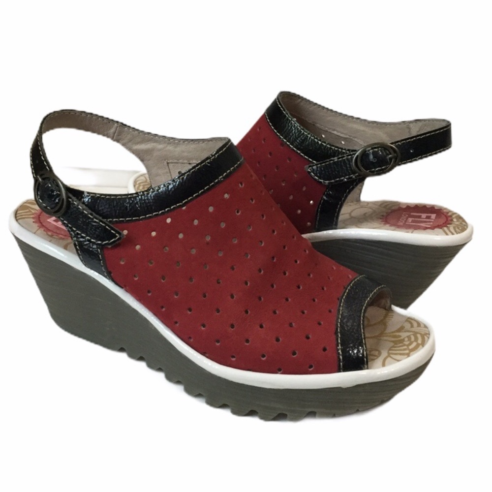 FLY LONDON | sling back open toe red black wedge 7